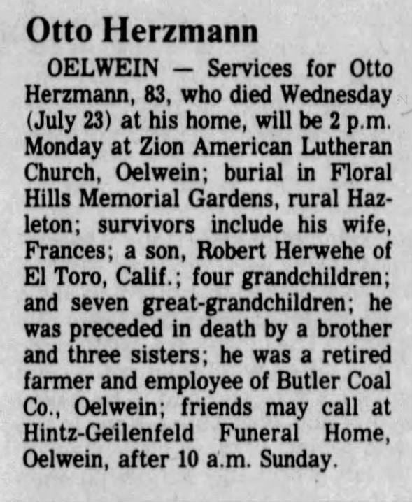 Herzmann, Otto Obit. 25 Jul 1986 The Courier (Waterloo, Iowa) p.7